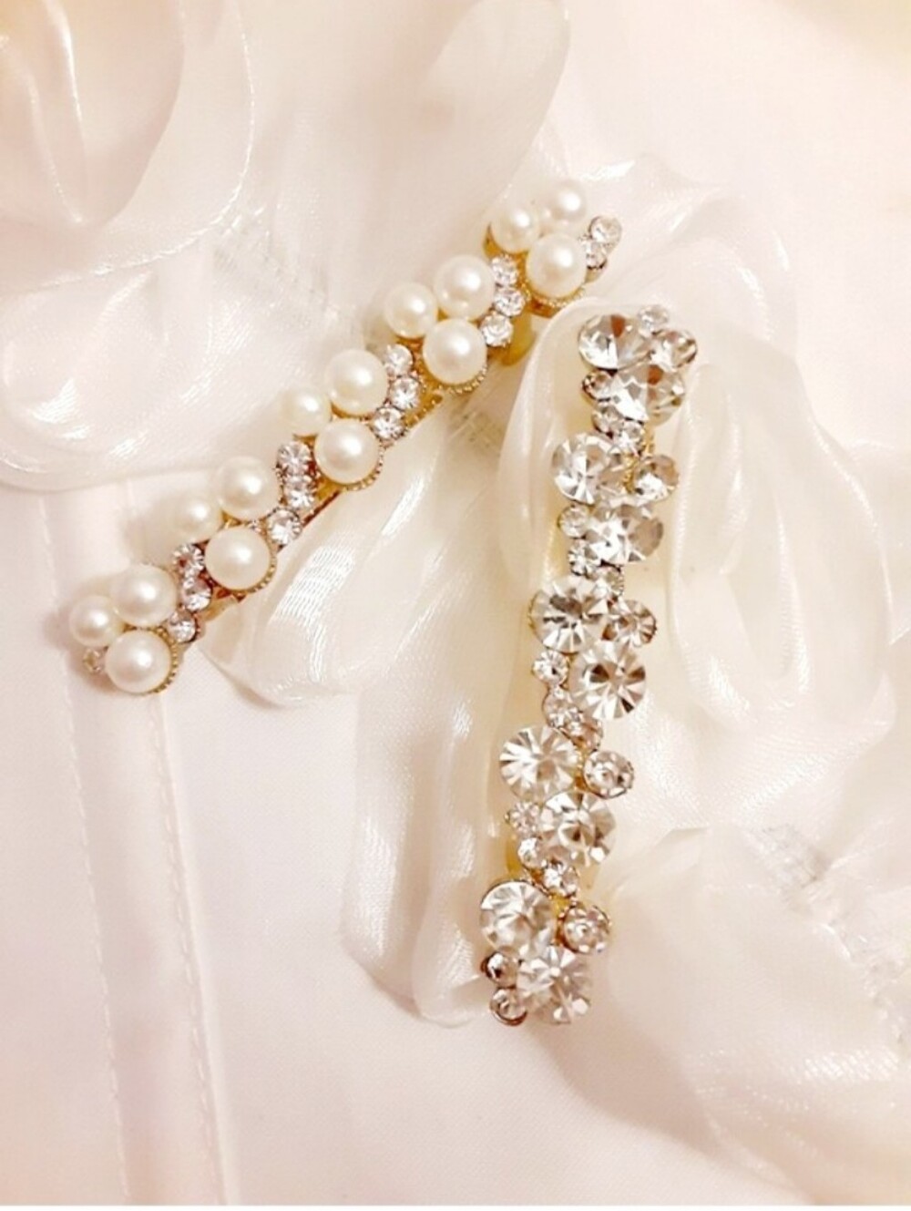 Crystal Rhinestone & Pearl Hair Barrette - Clear Silver Sparkle Hairclips